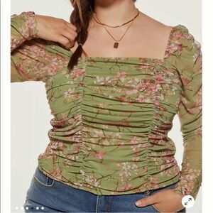 Anthropologie Floral Ruched Smocked Sheer Sleeve Green and Pink Mesh Blouse